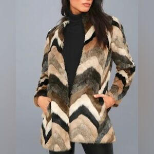 Amuse Society Waylon Chevron Multi Faux Fur Coat Size Small